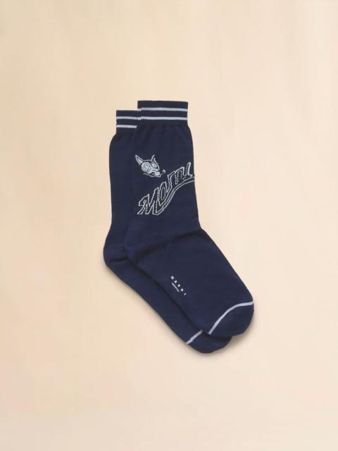 Marni DEEP BLUE COTTON SOCKS WITH WOLF DETAIL