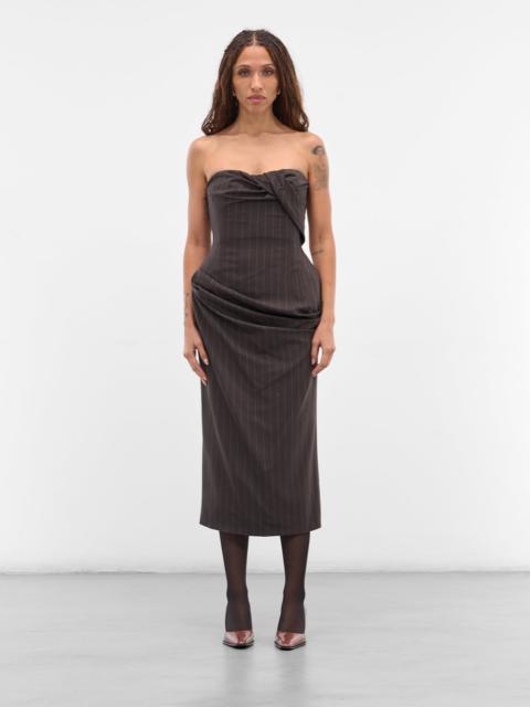 MAGDA BUTRYM Brown Pinstripe Wool Strapless Dress