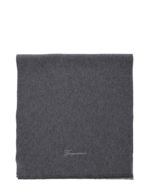JACQUEMUS Jacquemus Men Grey Rectangular Scarf With Logo Lettering On The Front In Wool And Cashmere Woman