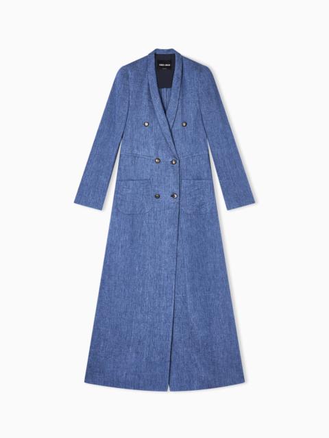 GIORGIO ARMANI LONG DOUBLE-BREASTED COAT IN FADED LINEN, VISCOSE AND SILK CRÊPE.