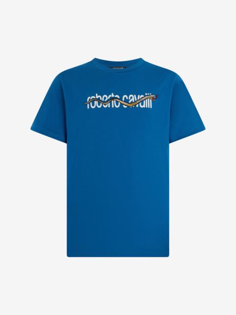 Roberto Cavalli Blue T-shirt with Logo and Snake