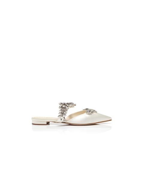 Manolo Blahnik Light Cream Satin Crystal Embellished Flat Mules