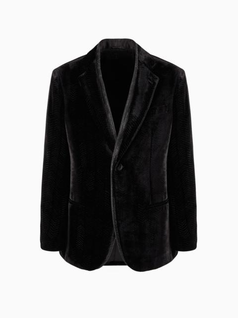 Giorgio’s single-breasted tuxedo jacket in a chevron print velvet