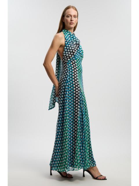 KAREN MILLEN Polka Dot Drama Halter Pleat Insert Woven Maxi Dress