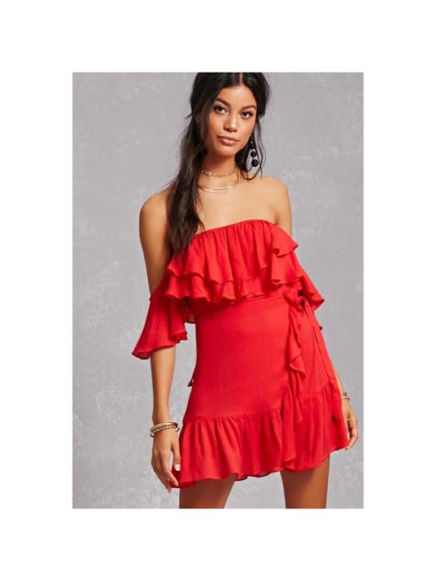 Other Designers Indikah by Angel Biba Red Fading Off Shoulder Ruffle Dress