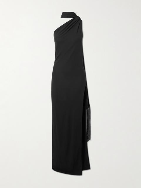 Acne Studios Dassy One-shoulder Fringed Tie-detailed Stretch-knit Gown
