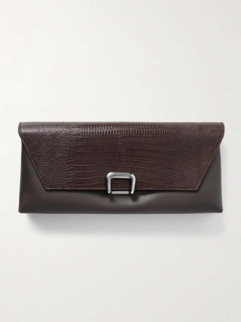 Lizard-effect and smooth leather clutch Dark brown
