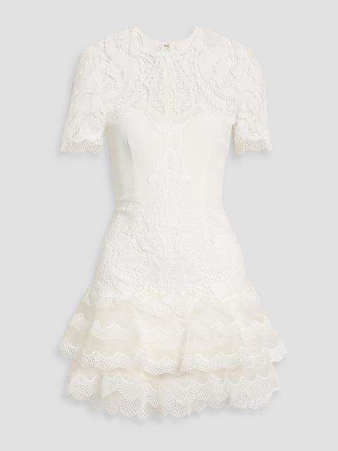 SIMKHAI Paislee tiered guipure lace, crepe and organza mini dress