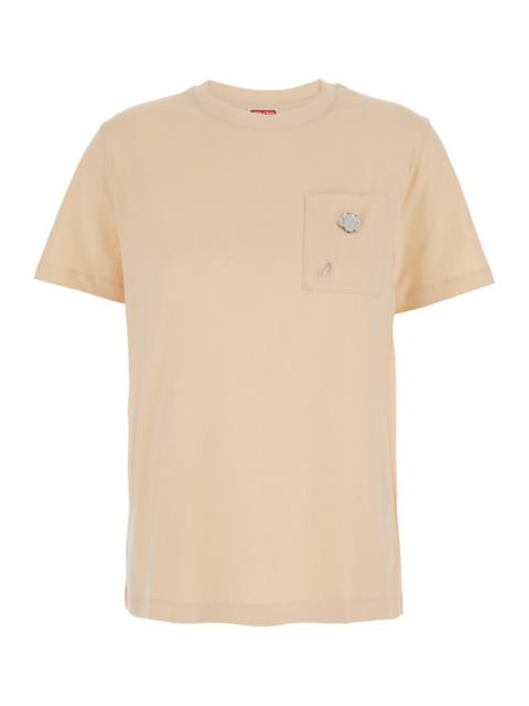 Kenzo Women 'Boke Flower 2,0' Beige Crewneck T-Shirt With Logo Patch On The Front And Logo Lettering