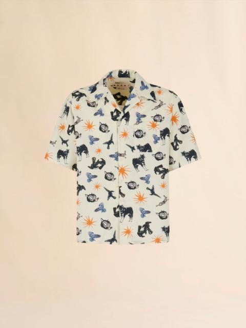 Marni OFF-WHITE POPLIN BOWLING SHIRT WITH WOLVES, RAVENS AND DOVES PRINT
