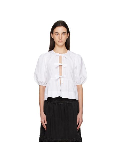 GANNI White Cotton Poplin Peplum Tie Blouse