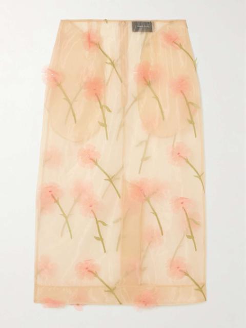 Embroidered appliquéd organza midi skirt Baby pink