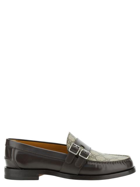GUCCI Gucci Men Beige And Ebony Loafers With Double Buckle In Leather And Gg Supreme Canvas Man