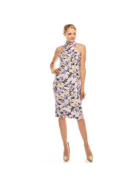 Other Designers Bebe Lavender Floral Strappy Mock Neck Midi Cocktail Dress Purple SZ 12 NWT