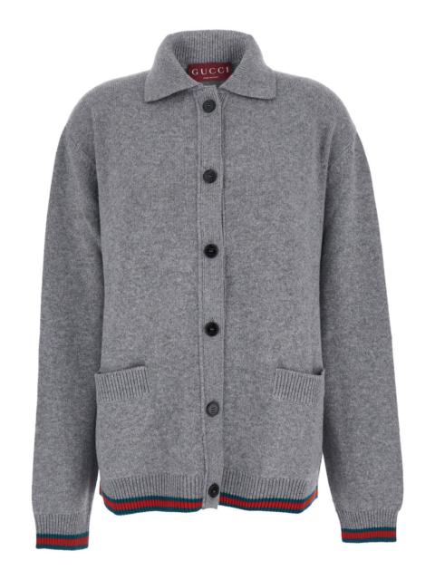 GUCCI Gucci Women Grey Cardigan With Pointed Collar And Web Detailing On Edges In Wool And Cashmere Blend 