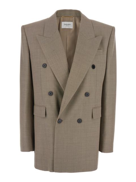 Saint Laurent Women Beige Double-Breasted Jacket With Peak Revers In Wool Woman