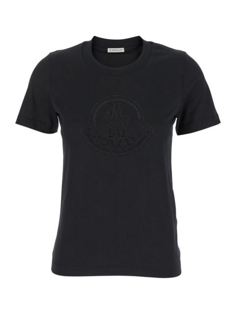 Moncler Moncler Women Black T-Shirt With Rhinestone Logo In Cotton Woman