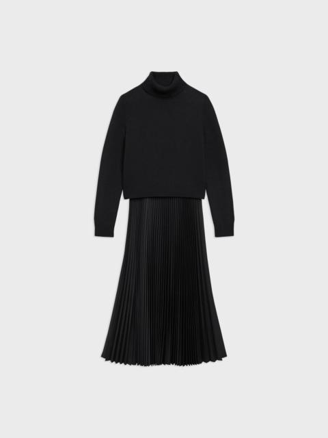 Pleated Combo Dress in Stretch Wool-Blend