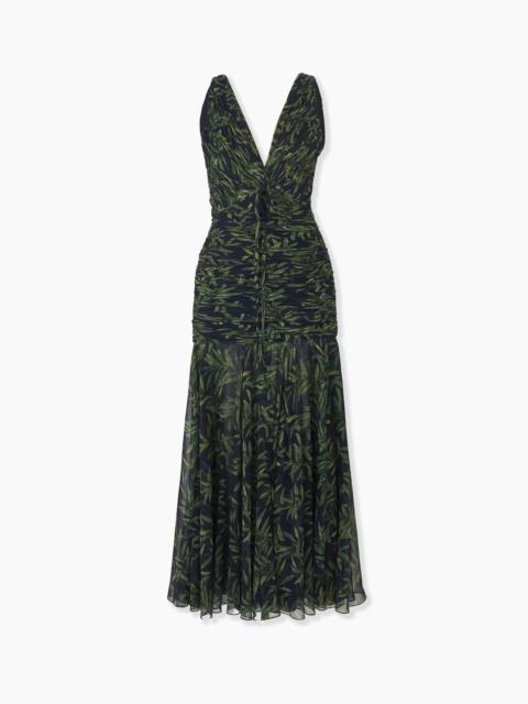 CAROLINA HERRERA Olive Branch-Print Gathered Midi Dress