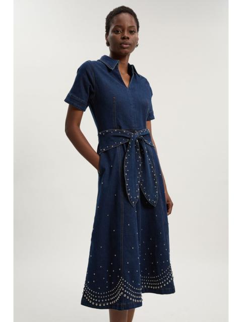 KAREN MILLEN Denim Placed Studs Tie Belted Short Sleeve Full Midi Dress