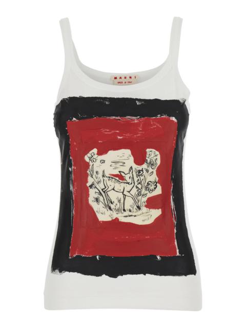 Marni Marni Women White Sleeveless Top With Round Neck And Maxi Print On The Front In Cotton Woman