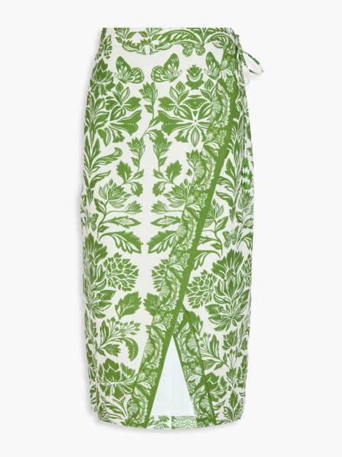 FARM RIO Floral-print linen-blend midi wrap skirt