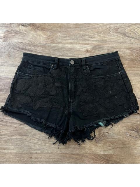 Other Designers Blank NYC Black Embroidered Floral Raw Hem Distressed Denim Shorts