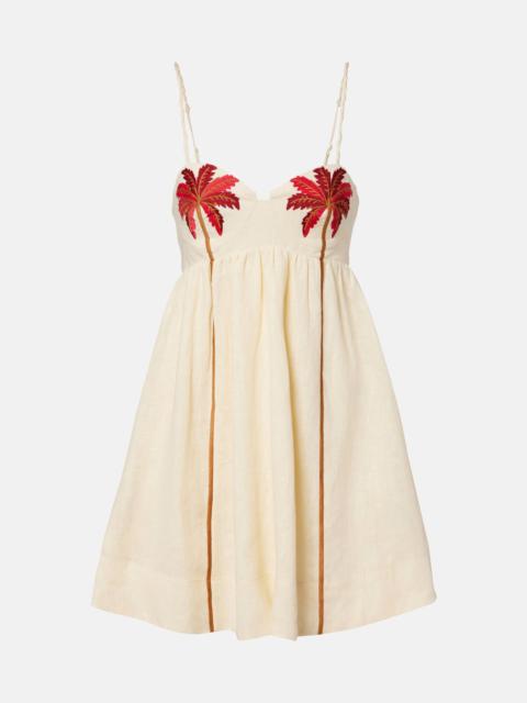 FARM RIO Coconut Tree embroidered linen minidress