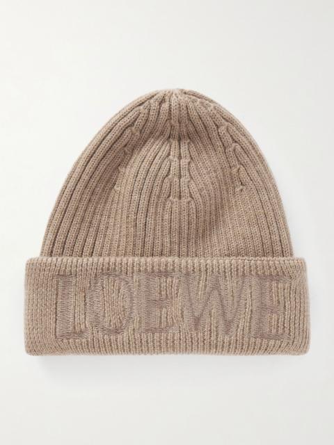 Loewe Embroidered ribbed wool beanie Beige
