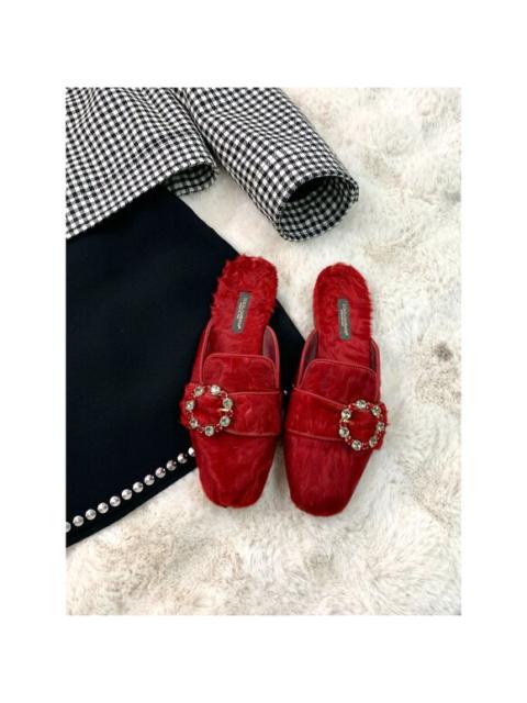 Dolce & Gabbana Red Fur Mule Slides With Jeweled Buckle