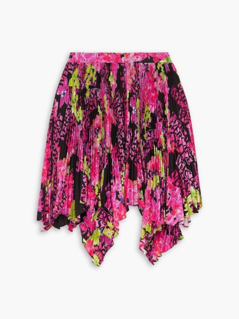 VERSACE Asymmetric printed plissé-crepe de chine mini skirt