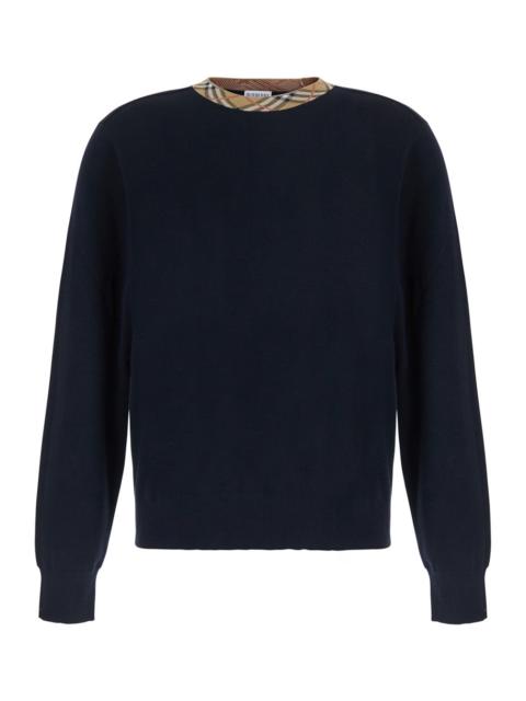 Burberry Burberry Men 'Michael' Blue Crew Neck Sweater With Check Motif On The Neck In Wool For Men