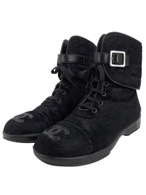 Chanel Fall 2000 Karl Lagerfeld Pony hair Calfskin Logo Quilted Combat boot 38