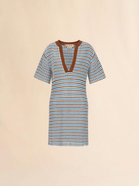 Marni BROWN AND BLUE STRIPED COTTON CROCHET DRESS