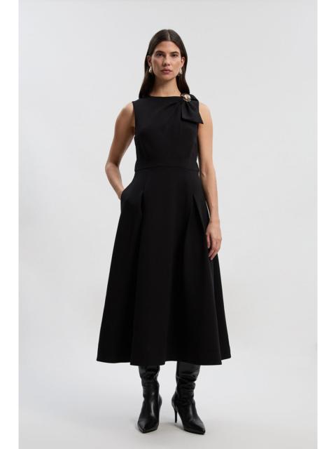 KAREN MILLEN Compact Stretch Bow Tie Neck Trim Detail Tailored Full Midi Dress