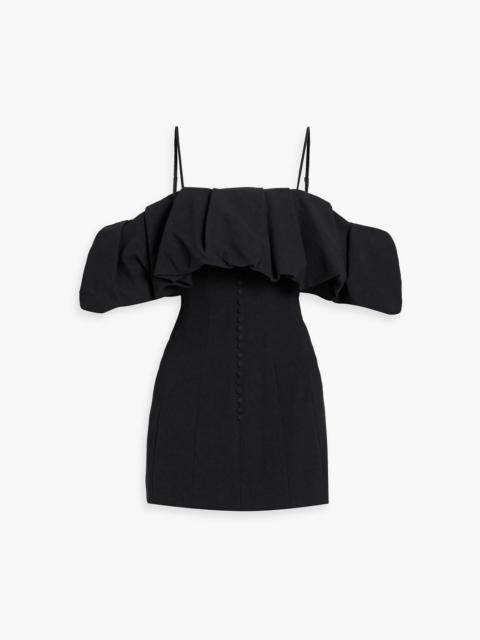 SIMKHAI Puff cold-shoulder ruffled cotton and linen-blend mini dress