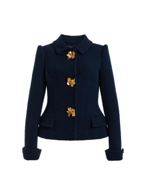Oscar de la Renta Flower-Button Wool-Tweed Jacket navy