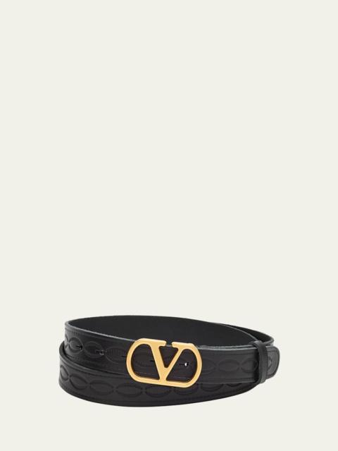 Valentino Men's Leather V Logo Buckle Belt