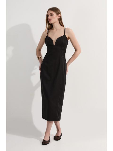 KAREN MILLEN Premium Linen Pintuck Detail Pencil Tailored Midi Dress