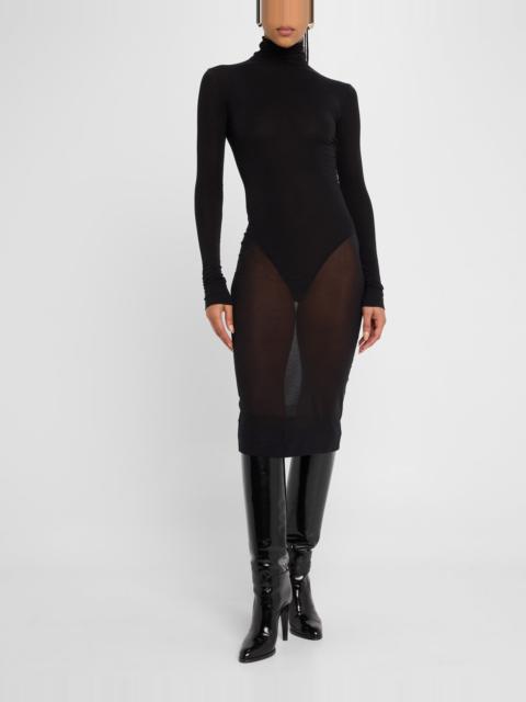 Sheer Turtleneck Midi Dress With Bodysuit