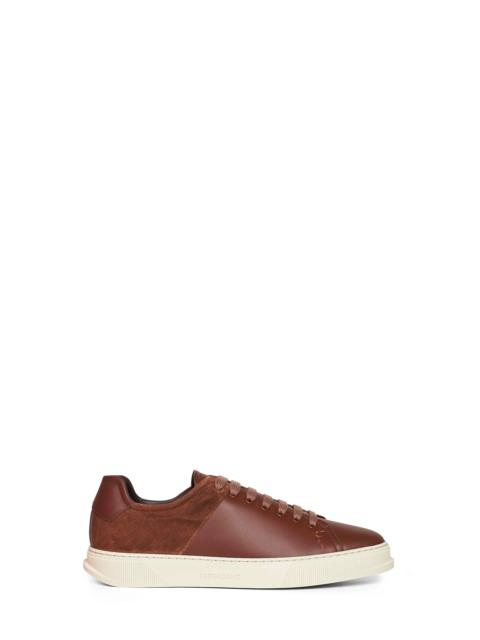 FERRAGAMO Brown leather and suede Clayton low-top sneakers