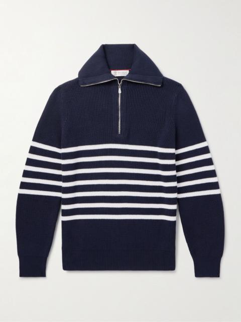 Brunello Cucinelli Striped Ribbed Cotton Half-Zip Sweater Navy