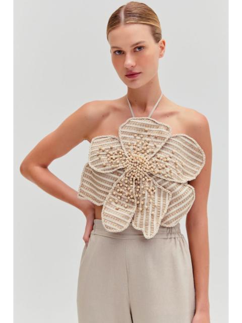 PatBO CANDY LINEN HAND BEADED FLOWER TOP