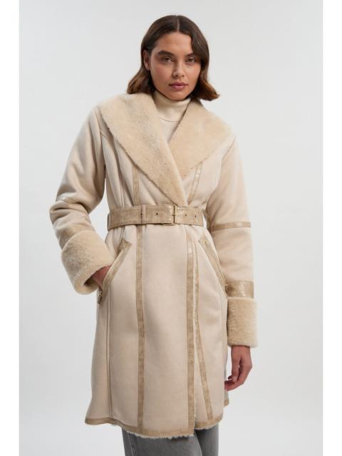KAREN MILLEN Faux Shearling Snake Tipped Belted Short Cuff and Collar Coat