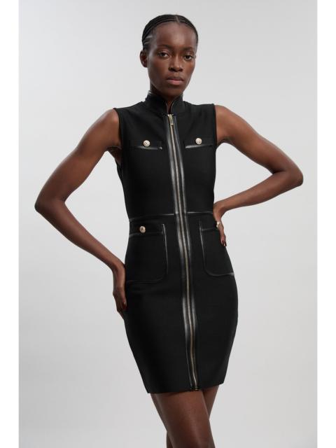 KAREN MILLEN Sleeveless Pu Tipped Military Bandage Mini Dress
