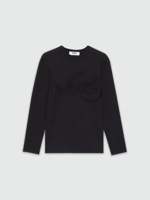 MSGM Long-sleeved black jersey T-shirt with cursive MSGM logo embroidery