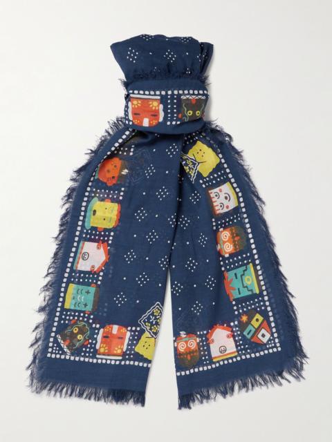 Kapital Frayed Printed Cotton-Blend Gauze Scarf Navy