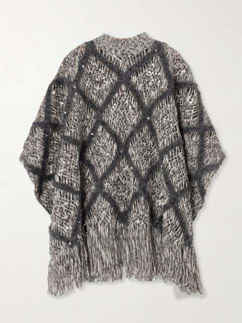 Brunello Cucinelli Fringed Sequin-embellished Argyle Open-knit Wool-blend Turtleneck Sweater