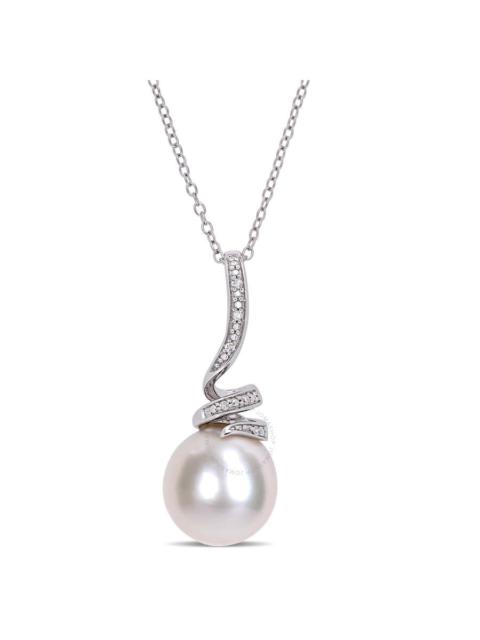 Other Designers AMOUR 11 - 12 Mm Freshwater Cultured Pearl and Diamond Accent Swirl Drop Pendant with Chain In Sterl