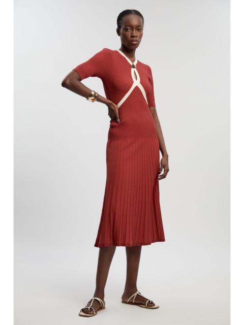 KAREN MILLEN Rib Knit Trim Detail Full Skirt Short Sleeve Midi Dress